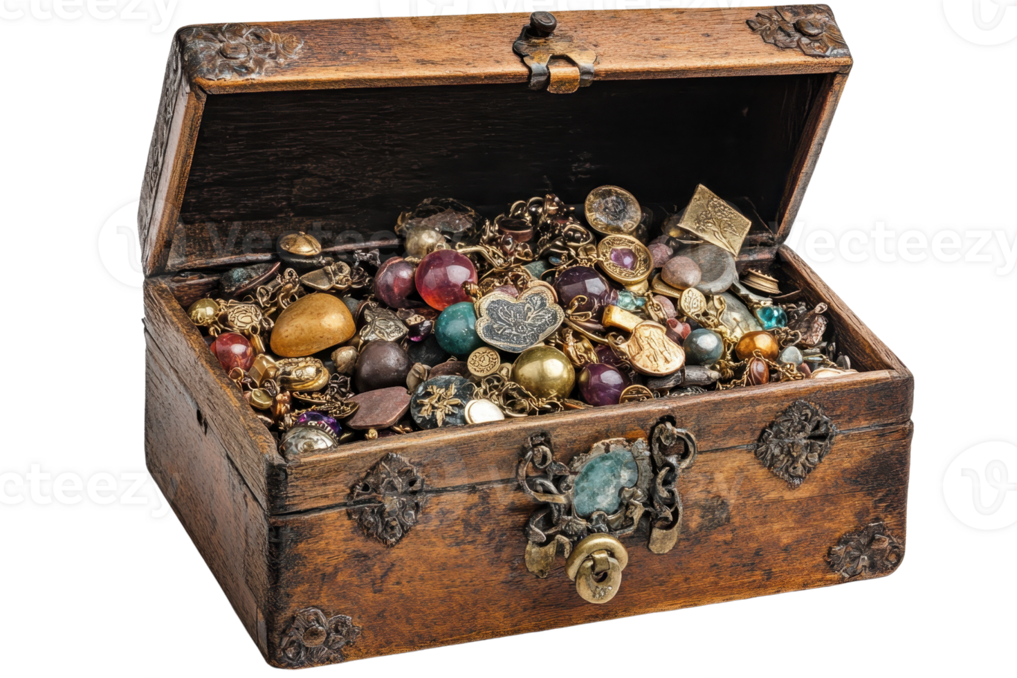 een oud schat borst gevulde met een verscheidenheid van kostbaar edelstenen, sieraden, en wijnoogst artikelen, uitstralend een zin van avontuur en geschiedenis. png