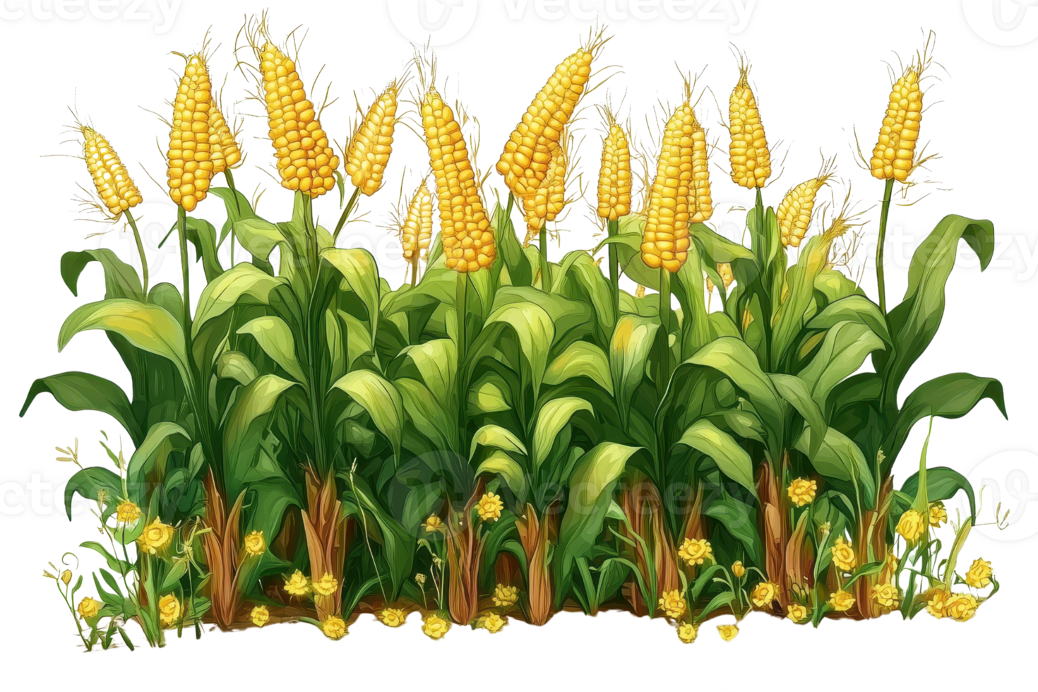 A vibrant field of corn plants with lush green leaves and bright yellow cobs, illustrating agricultural growth and harvest. png