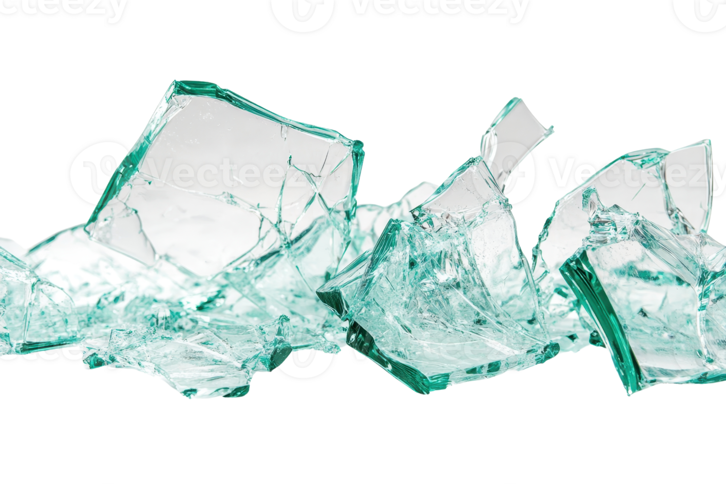 Close-up of sharp, shattered glass pieces on a transparent background. Ideal for design, texture, and safety-related visuals. png