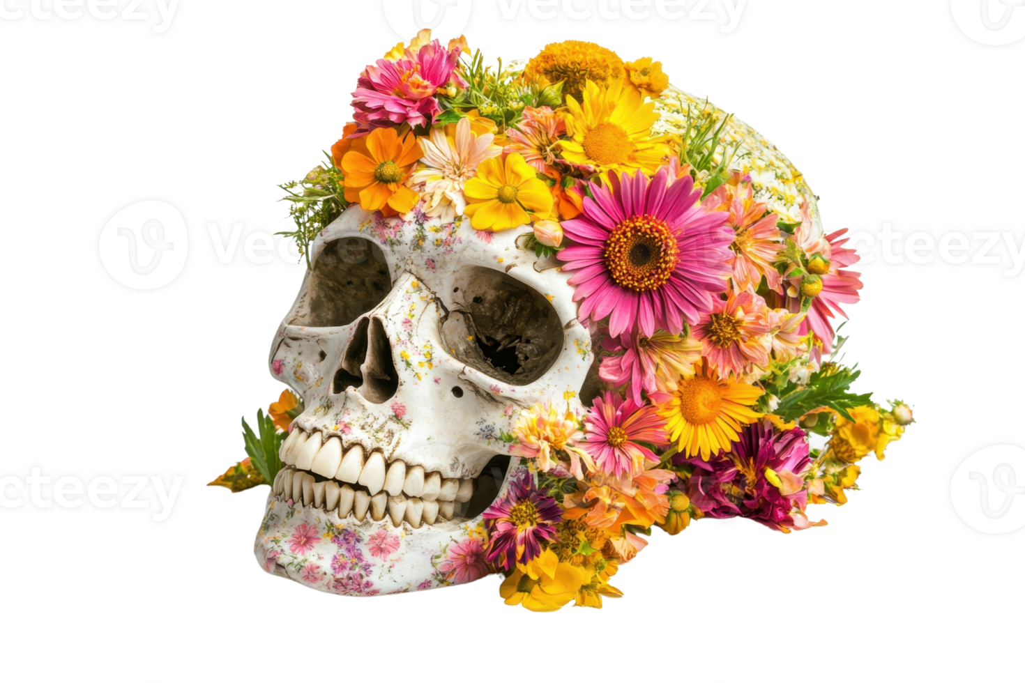 A decorative skull adorned with colorful flowers, blending the themes of life and death in a beautiful and artistic manner. png