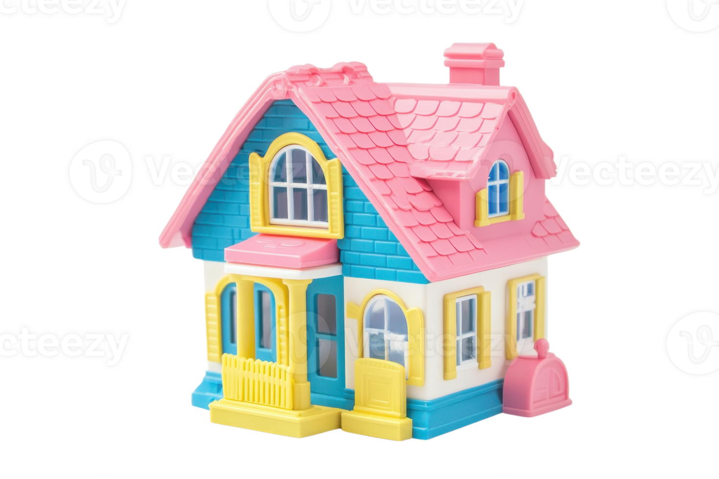 Colorful toy house with pink roof, blue walls, and yellow accents. Perfect for children's play and home decoration. png