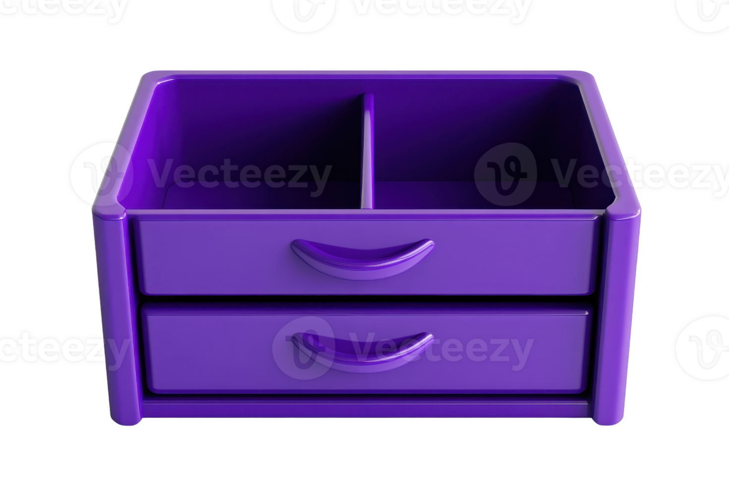 Bright purple plastic organizer with two drawers and a top compartment, perfect for storage and decluttering spaces. png