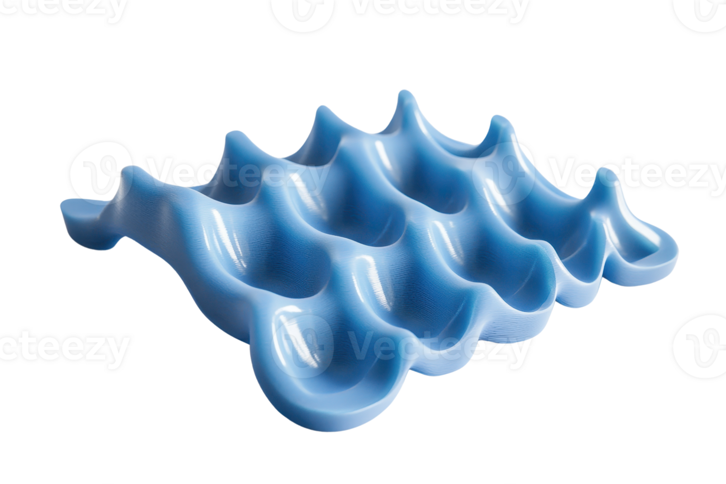 Close-up of a blue ceramic wave-shaped tray with multiple compartments, ideal for organizing small items or serving snacks. png