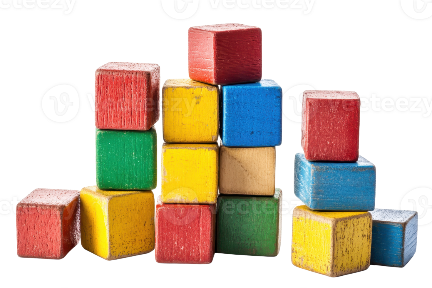 Colorful wooden toy blocks stacked in various formations, showcasing vibrant colors and textures, ideal for kids' play and educational activities. png