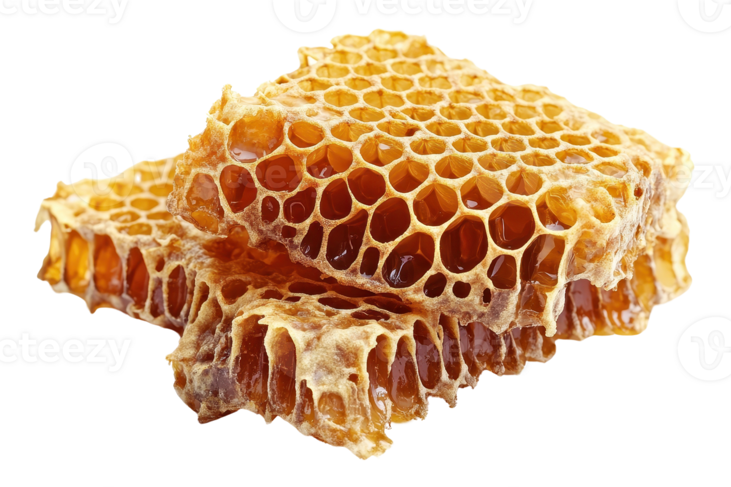 Close-up of natural honeycomb slices showcasing the golden honey and intricate hexagonal pattern. Perfect for food, nature, and health themes. png