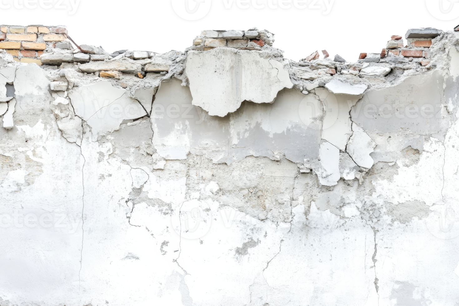 Crumbling white concrete wall with exposed brick, depicting urban decay and weathering over time, creating a rough, textured surface. png