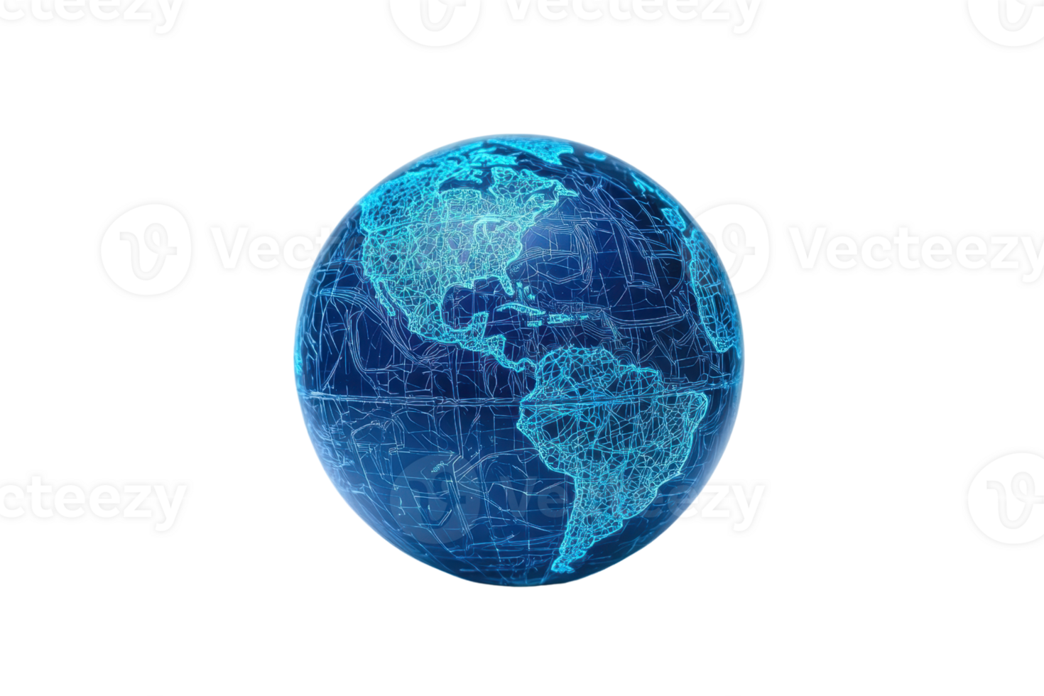 Digital world map with blue glowing lines representing data networks and connectivity, highlighting the Americas, viewed from space. png