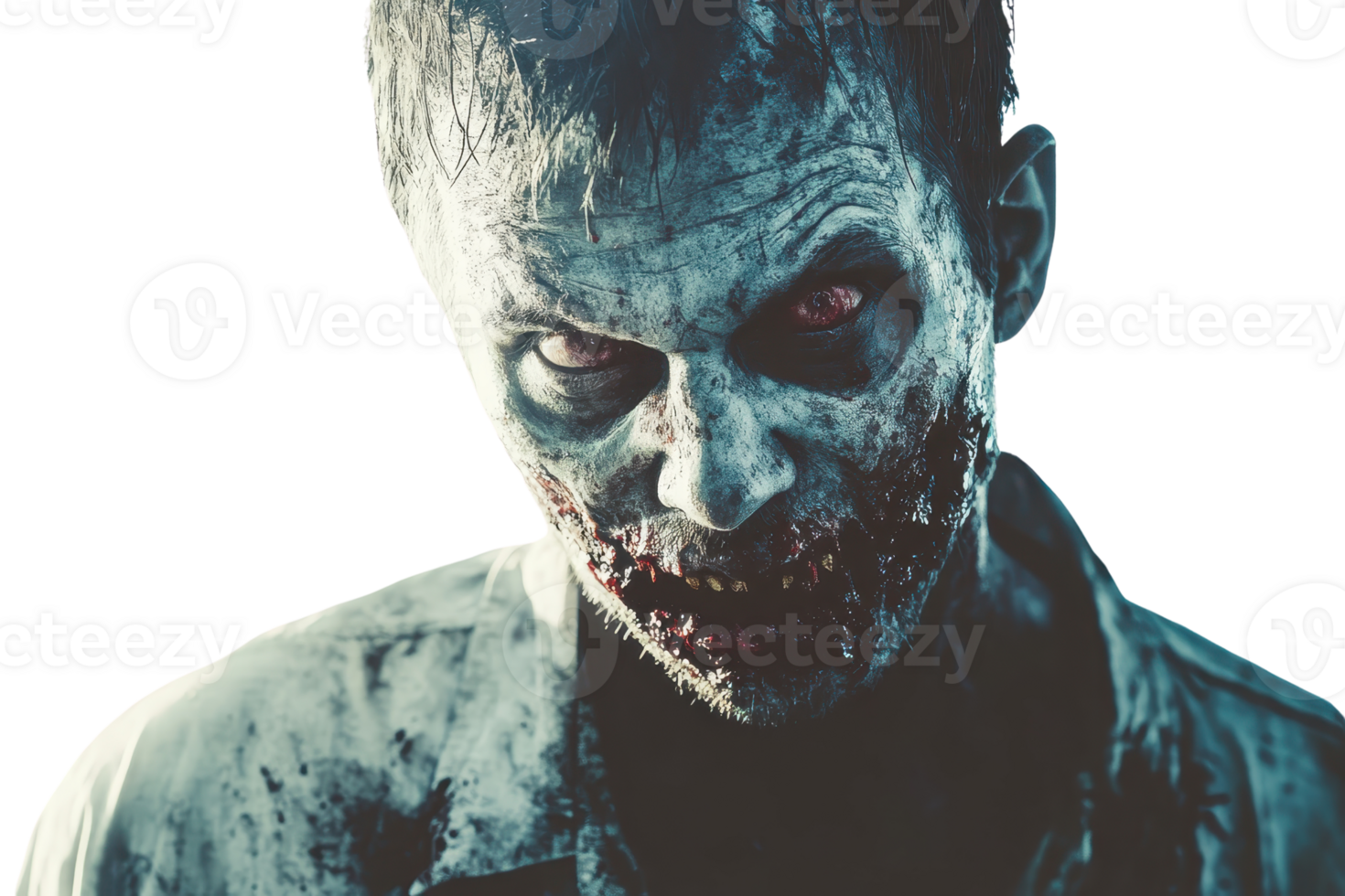 Creepy zombie with decaying skin and red eyes, perfect for Halloween themes, horror concepts, and spooky design elements. png