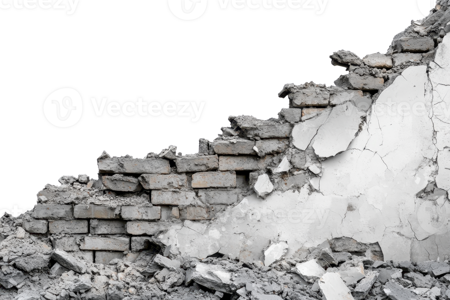 Crumbling brick wall partially destroyed with debris, showcasing decay and urban deterioration. Gray and white tones highlight the structural collapse. png