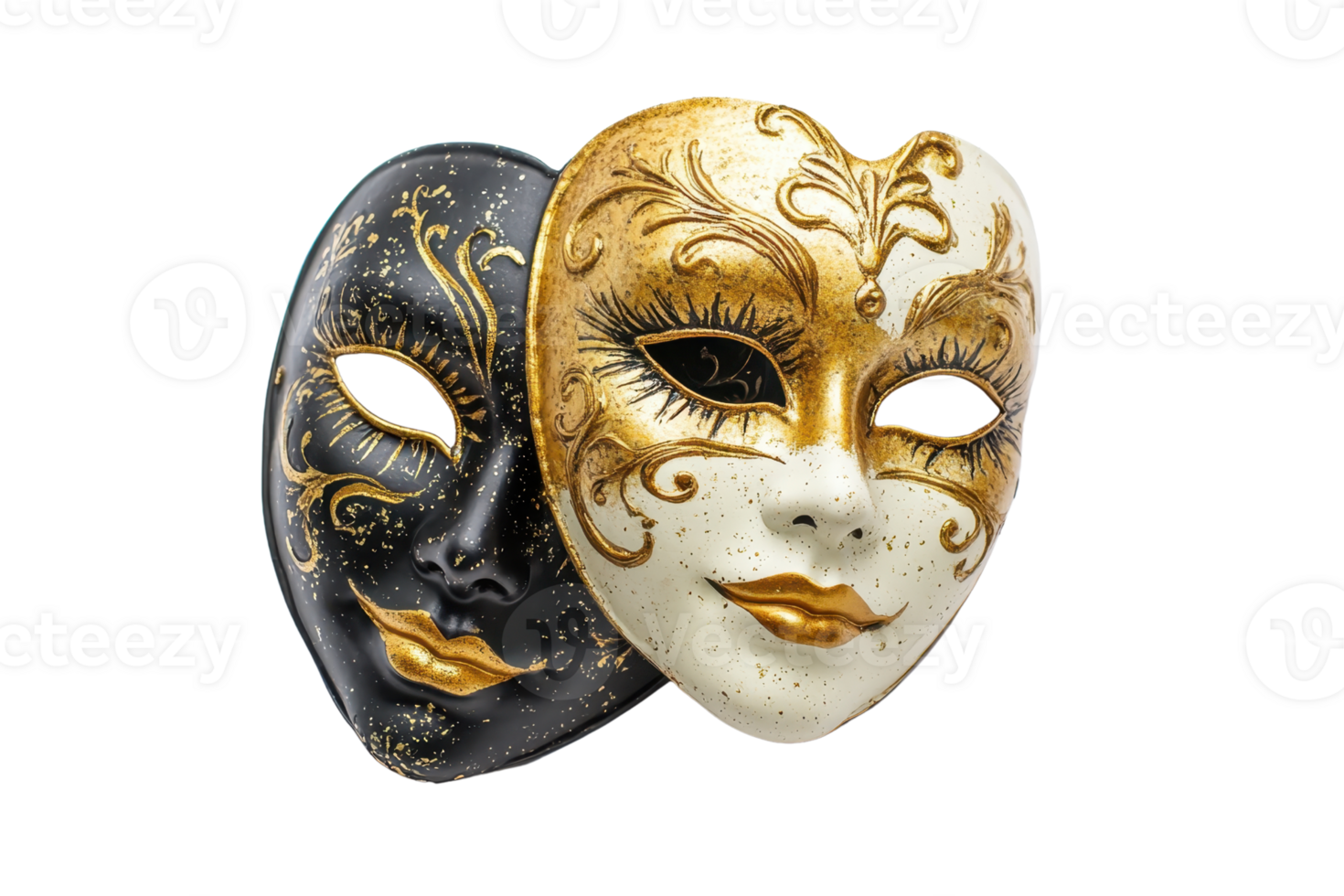 Elegant black and gold Venetian masquerade masks with intricate designs and ornate details, perfect for carnivals and costume parties. png