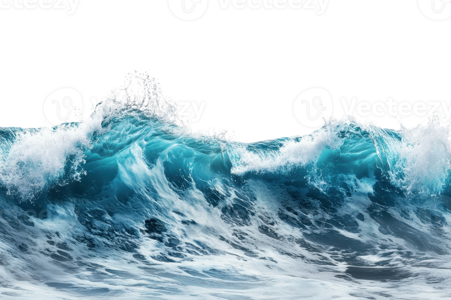 Dynamic ocean wave crashing with white foam, blue sea water, and splashing spray, isolated on a transparent background. png