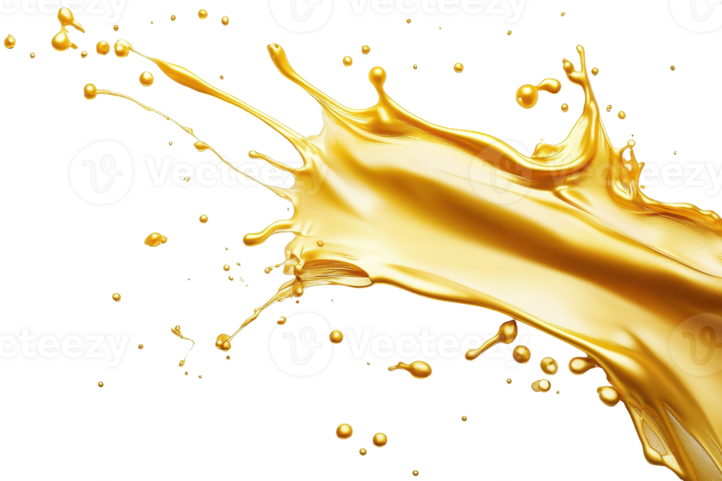 Dynamic splash of golden liquid, frozen in mid-air against a transparent background, ideal for creative projects and graphic designs. png