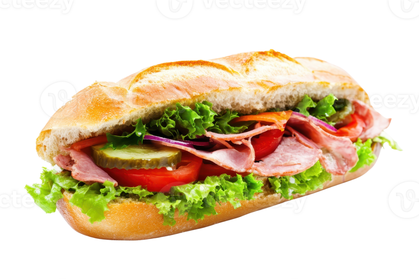 Delicious fresh sandwich with ham, lettuce, tomatoes, cucumber, and red onion on a crispy baguette. Perfect for lunch or a quick meal. png