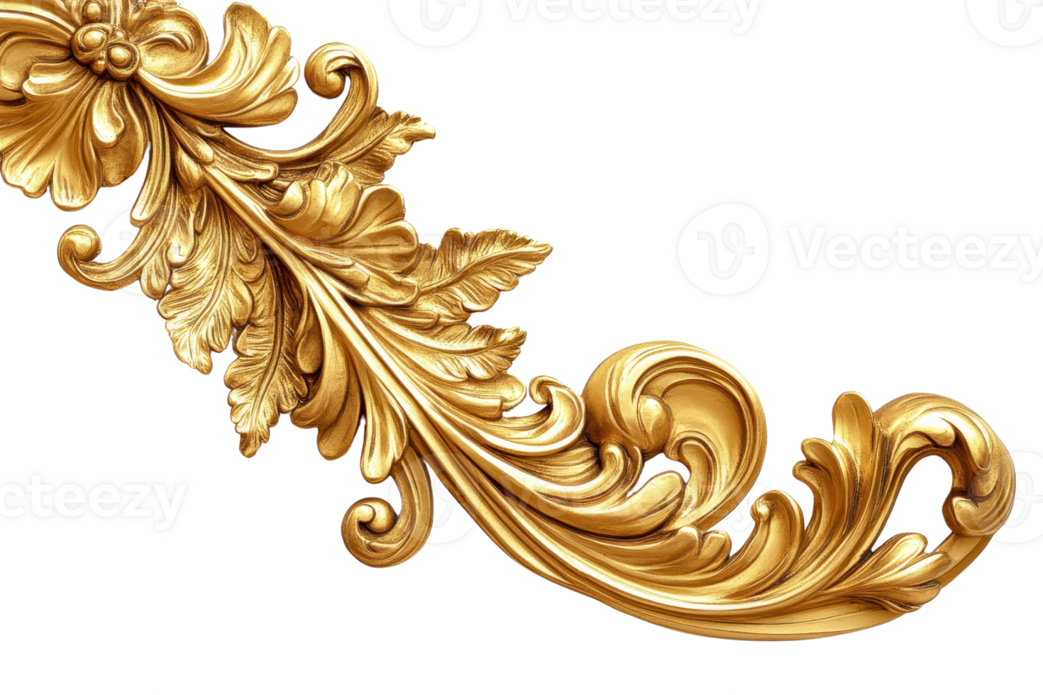 Elegant golden ornamental vintage baroque corner design with intricate detailing and floral patterns on a transparent background. png