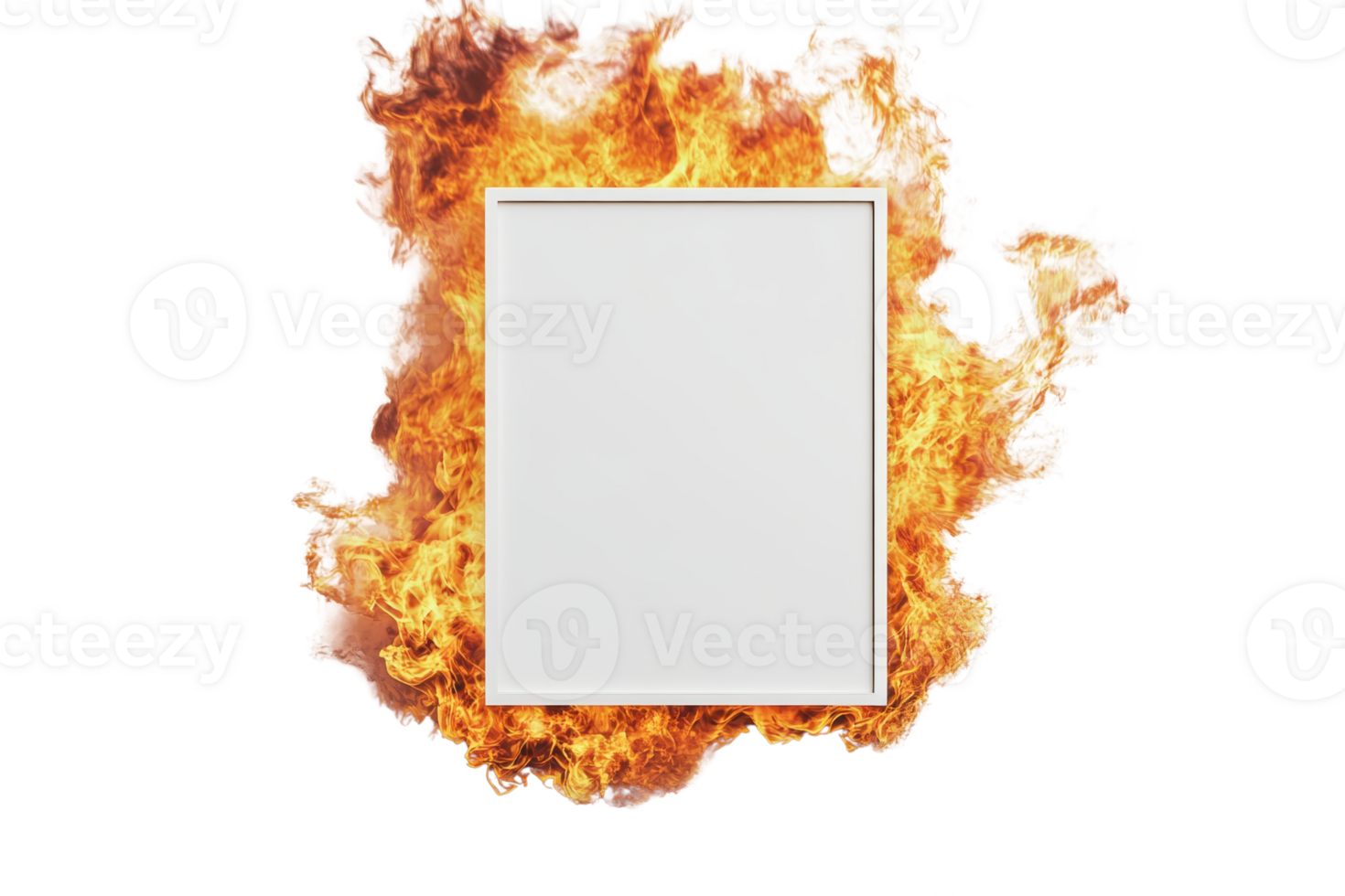 Empty white frame isolated on flames, surrounded by fire, representing danger, energy or hot topic with a blank space for copy. png