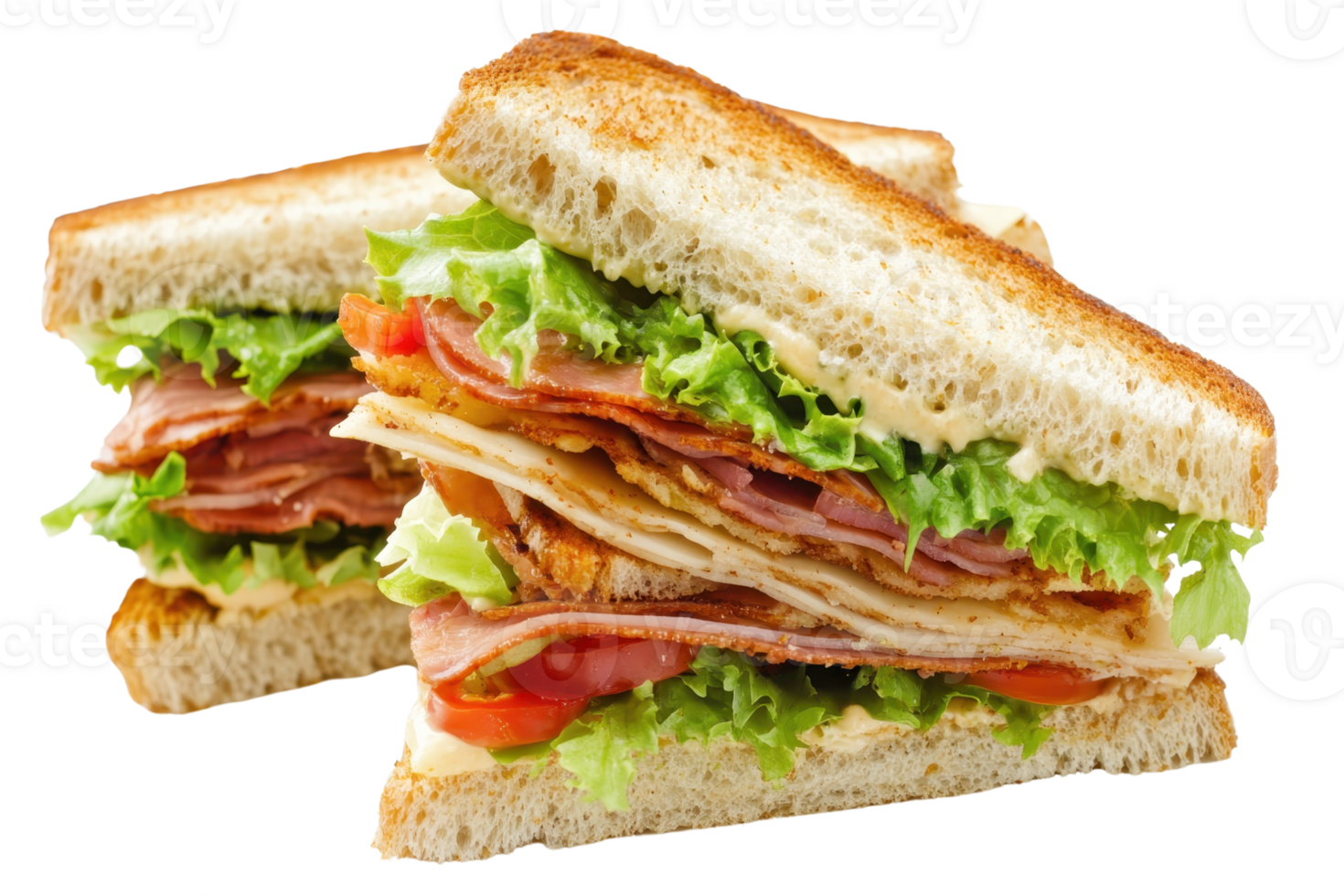 Delicious club sandwich with layers of turkey, bacon, lettuce, tomato, and mayo between toasted bread slices, perfect for a quick meal or snack. png