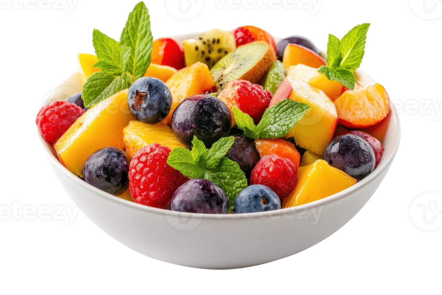 Fresh fruit salad with berries, kiwi, and peaches in a white bowl garnished with mint leaves, perfect for a healthy snack or breakfast. png