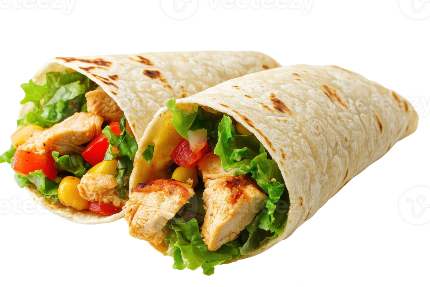 Delicious chicken wraps filled with fresh vegetables and flavorful ingredients, perfect for a healthy meal or quick snack. png