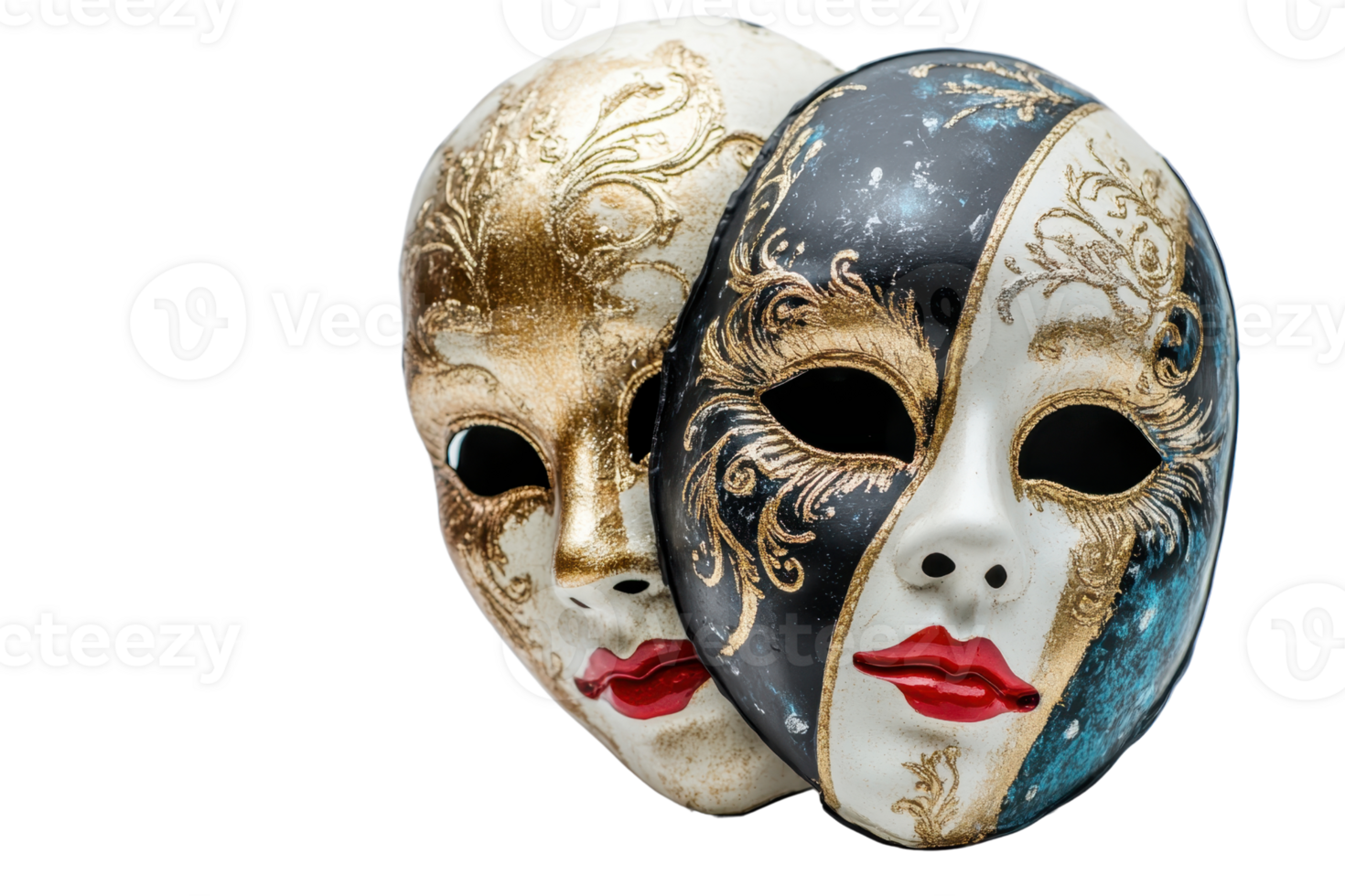 Elegant Venetian masks with intricate gold and blue designs, perfect for masquerade-themed events and costume parties. png