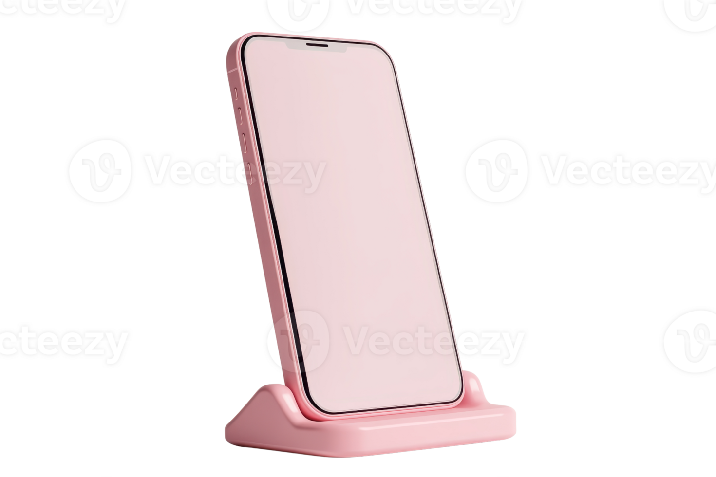 Modern smartphone with a pink case placed on a matching pink stand, ideal for technology and fashion-related designs. png