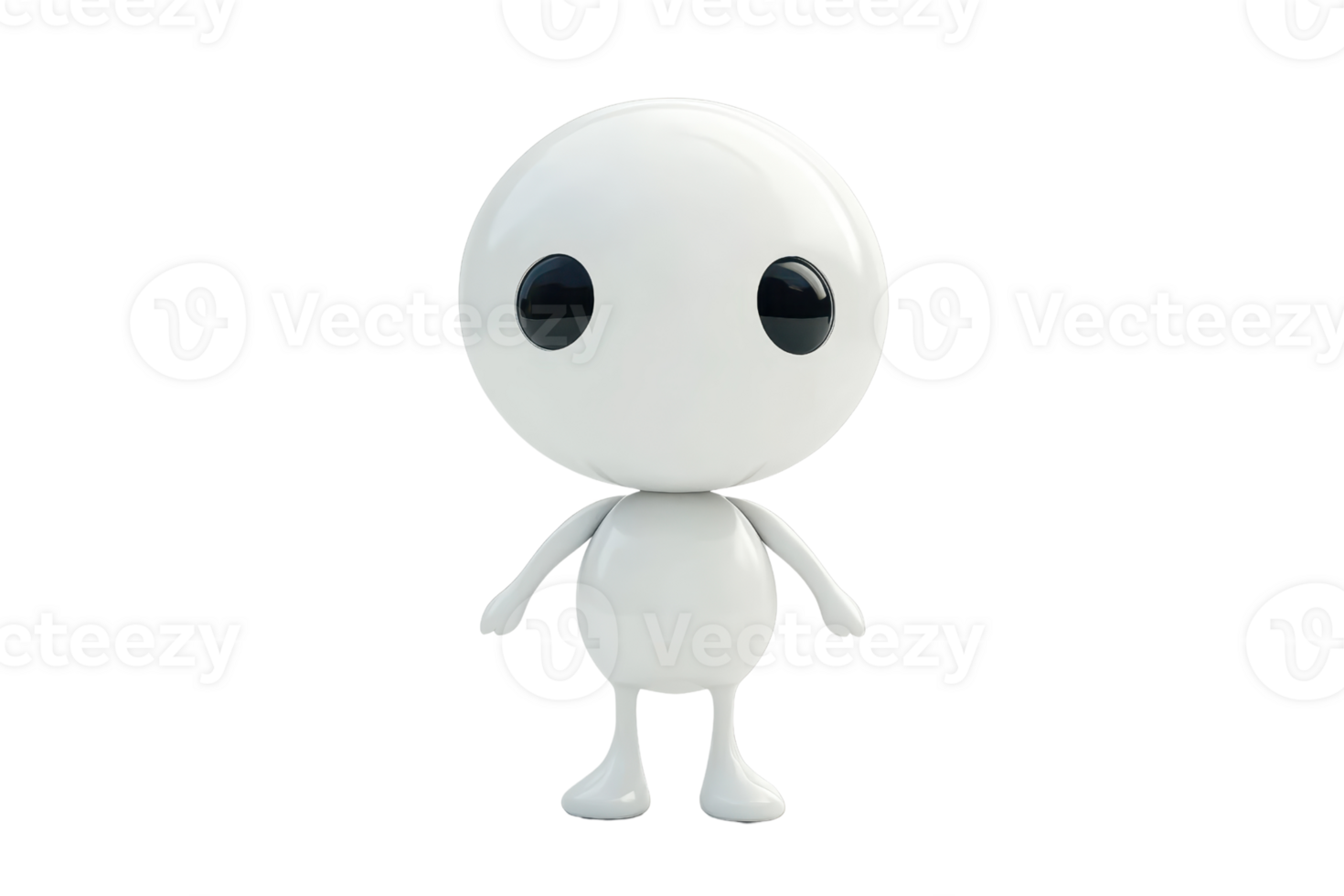 White 3D cartoon robot with a round head and big eyes stands on an isolated transparent background. looking forward. png