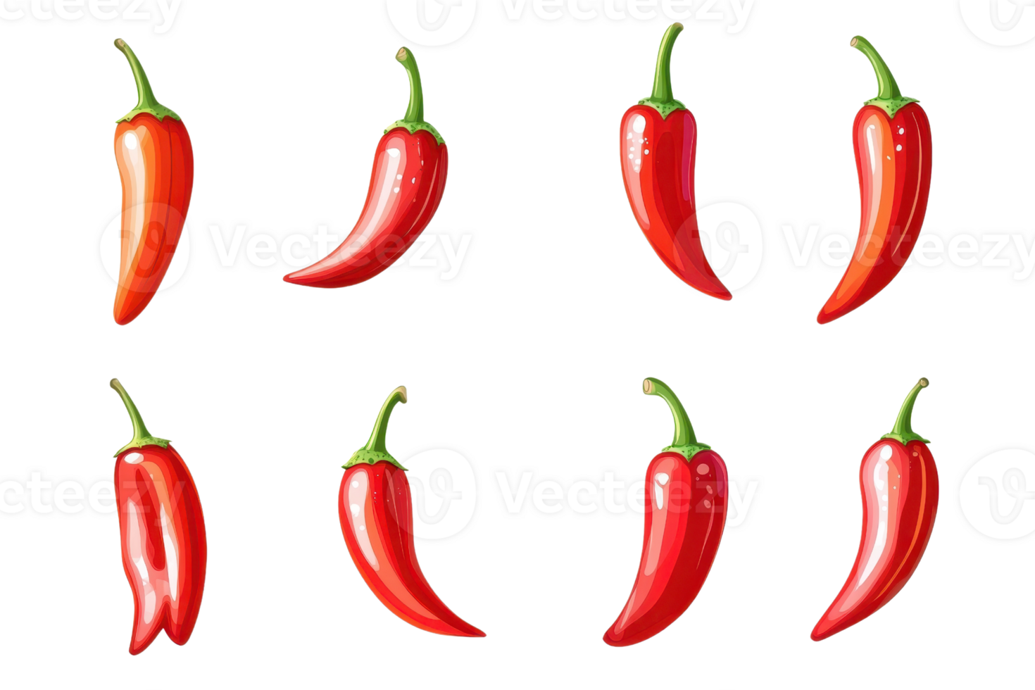 Collection of eight vibrant red chili peppers with green stems on a transparent background. great for food, spice, and cooking illustrations. png