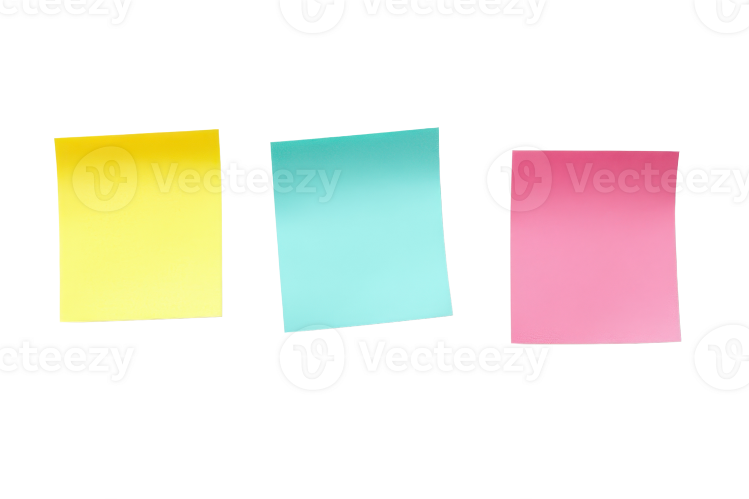 Three colorful sticky notes in yellow, blue, and pink arranged side by side on a transparent background. ideal for reminders and organizing tasks. png
