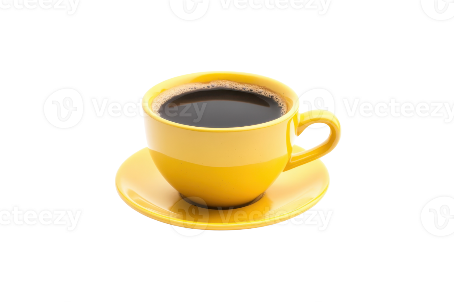 A vibrant yellow coffee cup filled with rich black coffee, placed on a matching saucer, isolated on a transparent background. png