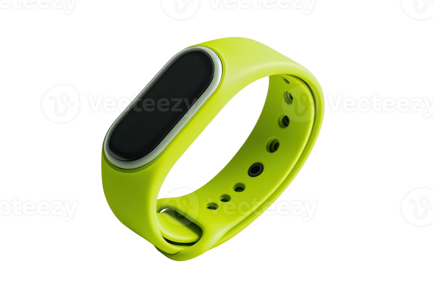 Stylish green fitness tracker wristband with black screen, isolated on transparent background. ideal for health and tech enthusiasts. png