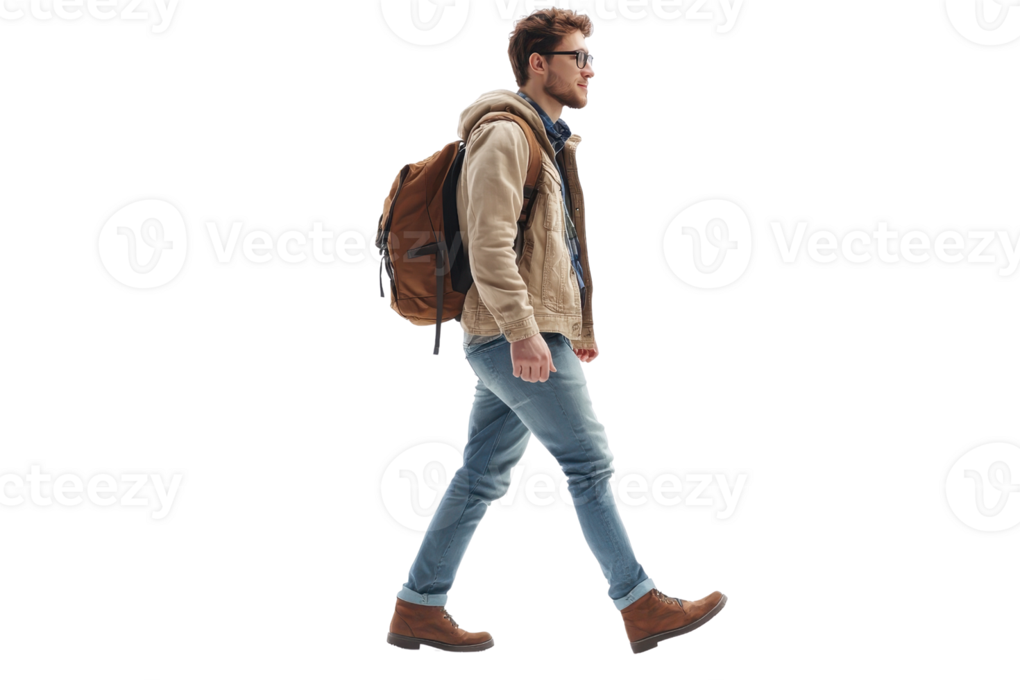 Man walking with a backpack, wearing casual clothes. Side view of a confident young male commuter isolated on transparent background. png