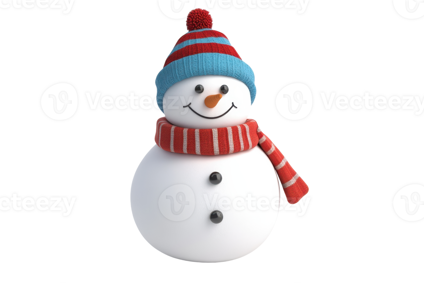 Cheerful snowman wearing a striped hat and scarf, perfect for winter holiday and Christmas themed designs and decorations. png