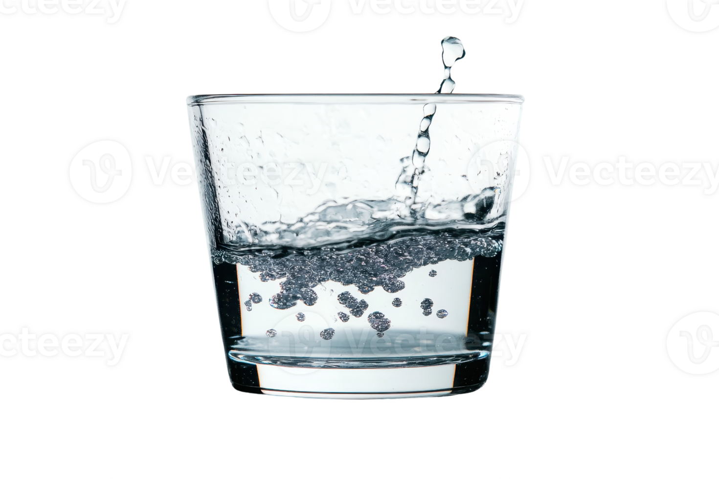 Close-up of a clear glass of water, capturing the dynamic splash and bubbles, isolated on a transparent background. png