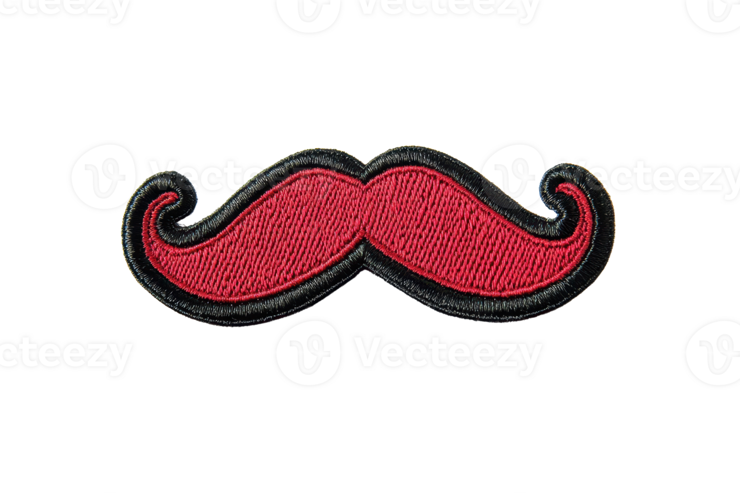 Red embroidered mustache patch on a transparent background, ideal for sewing onto clothes, bags, or accessories. Perfect for crafting projects. png