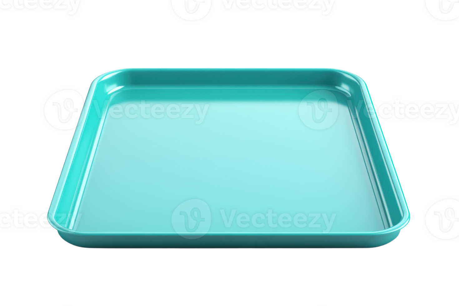 Empty turquoise plastic tray with raised edges against a plain transparent background. Ideal for food presentation, storage, or serving. png