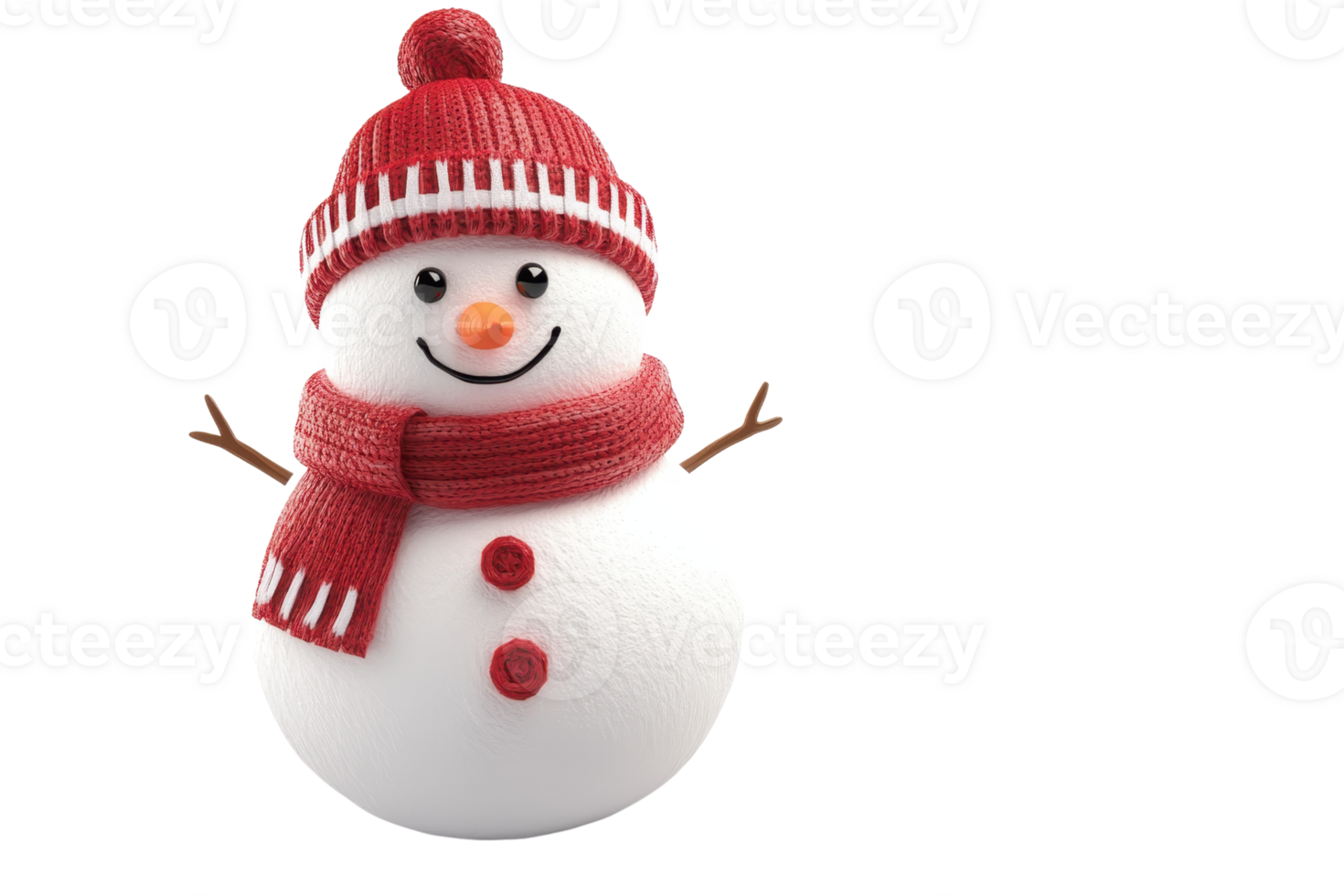 Cheerful snowman wearing a red hat and scarf, featuring a happy smile, carrot nose, and button eyes on a transparent background. png