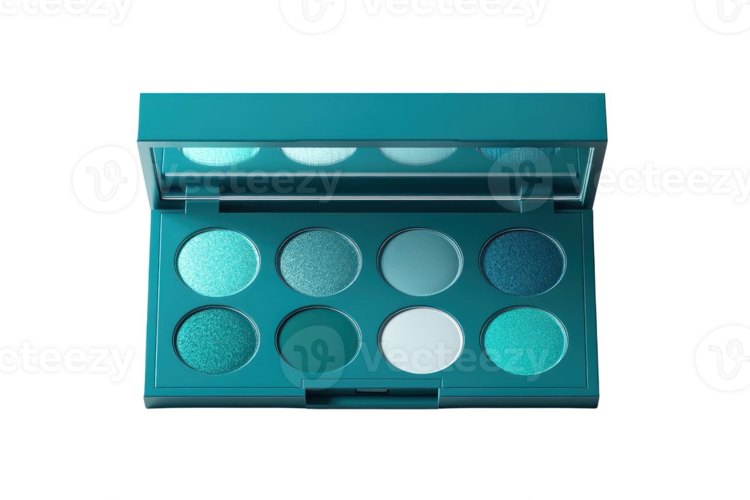 Palette of teal and green eyeshadows in various shades and finishes, designed for eye makeup looks, presented in a sleek compact case. png