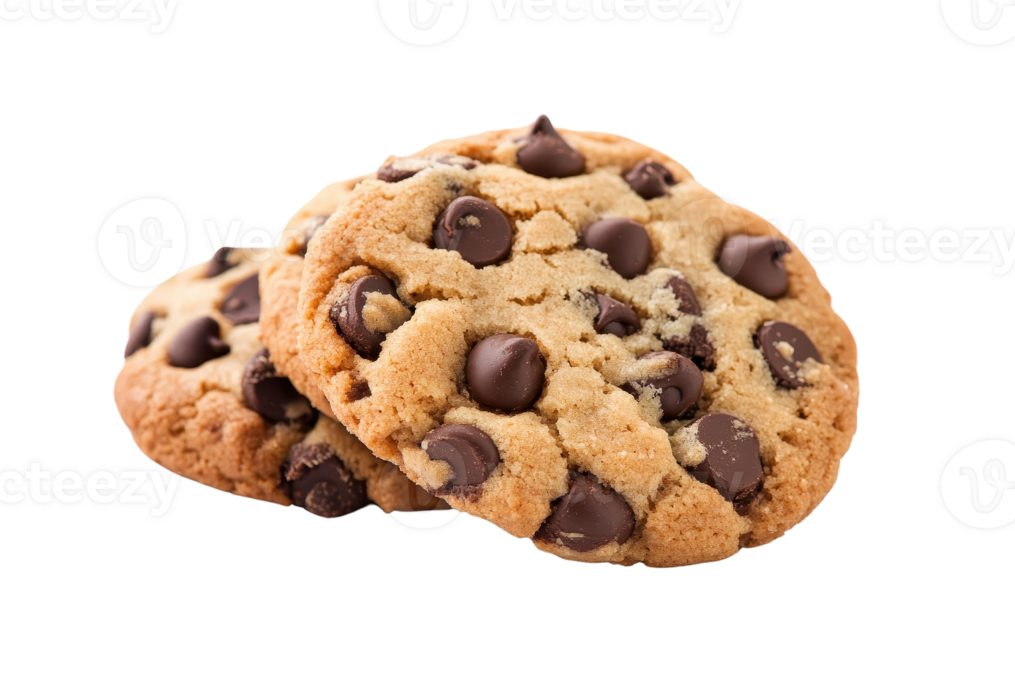 Close-up of three chocolate chip cookies on a transparent background. Perfect for baking, dessert, or snack-related themes. png