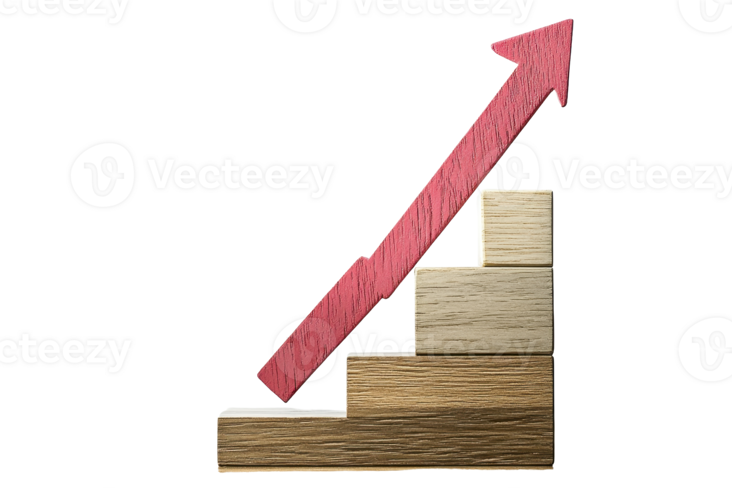 Wooden blocks stacked as stairs with a red upward arrow signifying growth, success, and progress in business or personal development. png