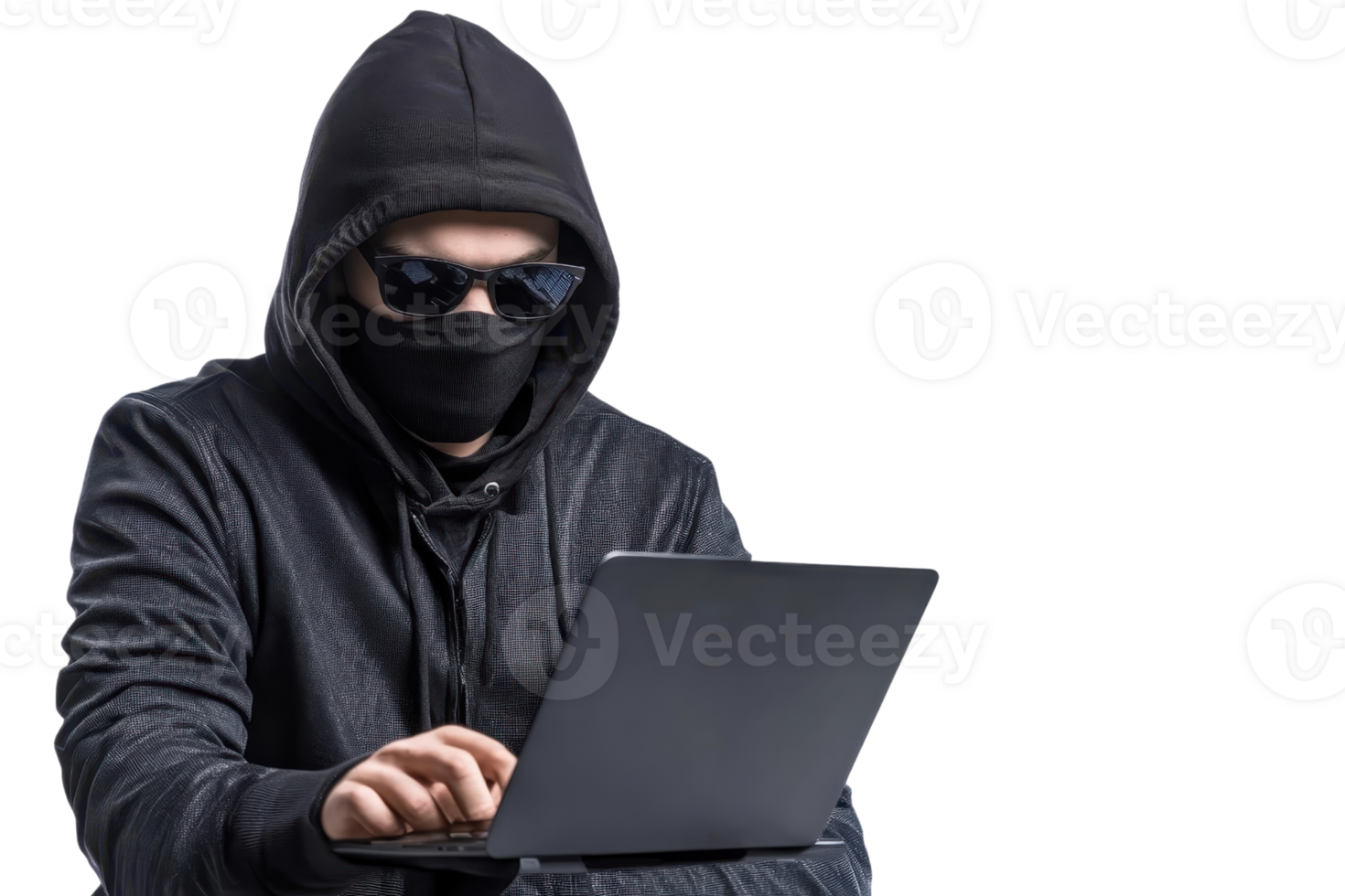 Suspicious masked individual using a laptop, symbolizing cybersecurity threats and online hacking. Dark attire, hooded jacket, and sunglasses. png