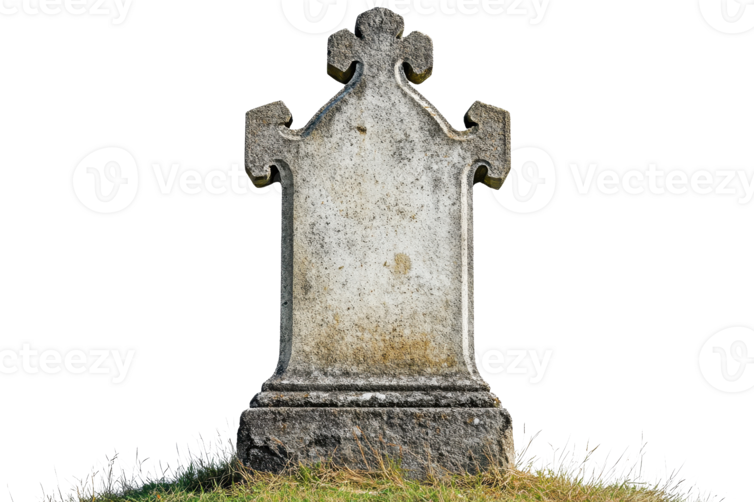 Old weathered tombstone with cross-shaped top standing on grass, symbolizing remembrance and the passage of time. png
