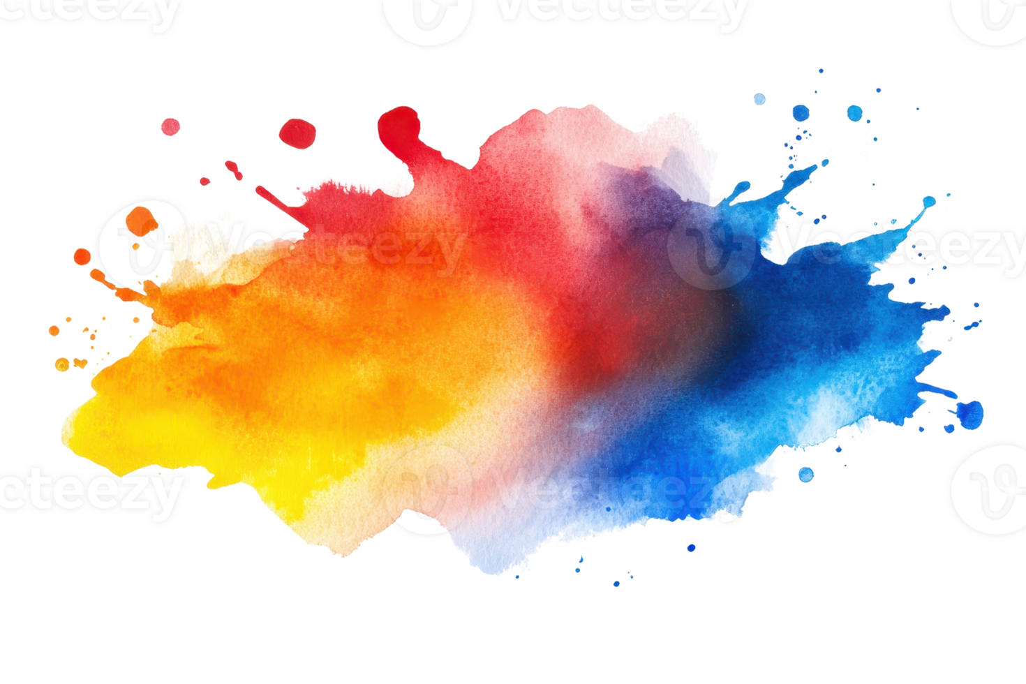 Abstract watercolor splash art with vibrant red, yellow, and blue hues blending seamlessly. Perfect for creative design projects. png