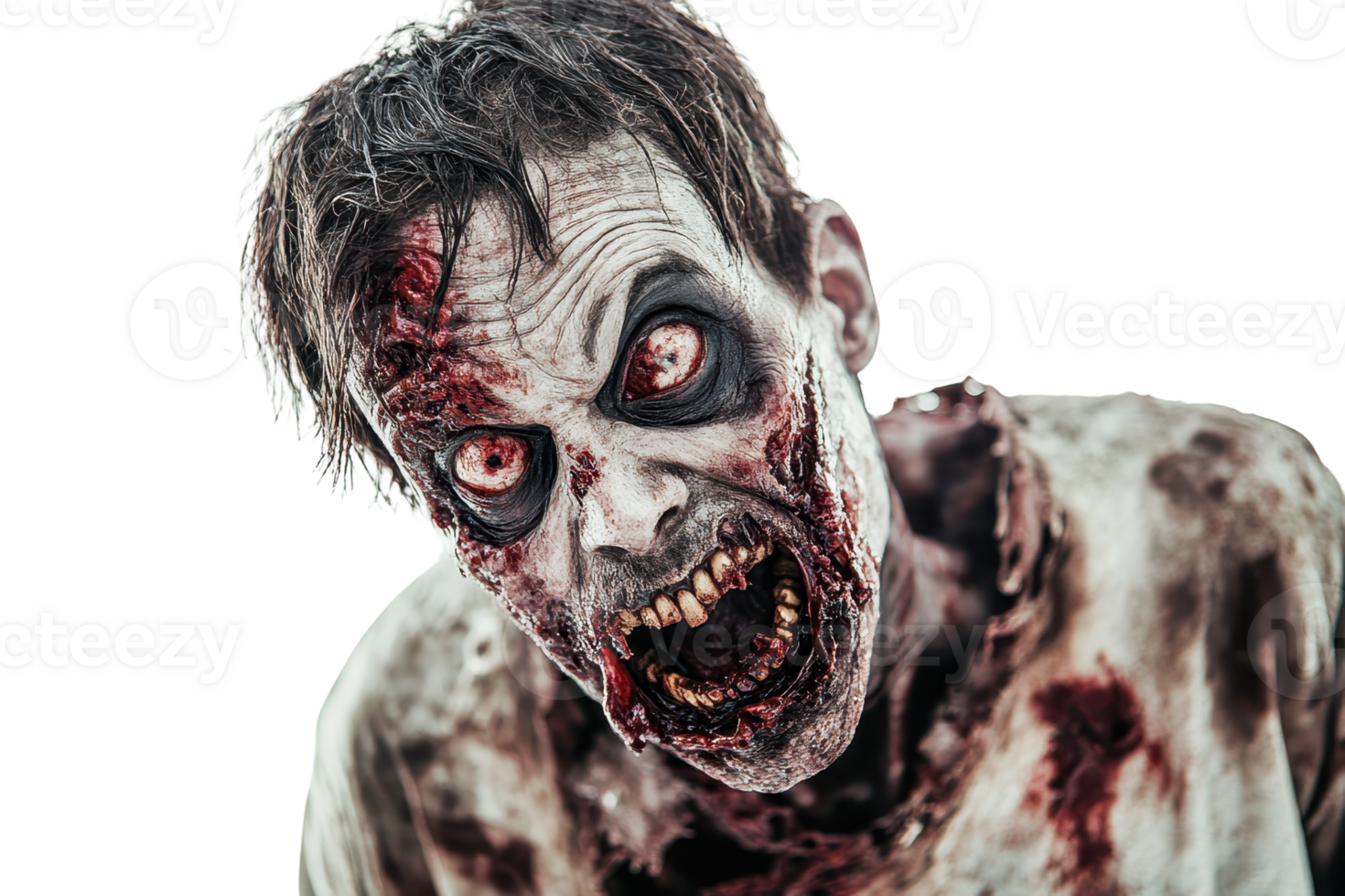 Terrifying zombie with decaying skin, bloody wounds, and menacing eyes, perfect for Halloween and horror-themed projects. png