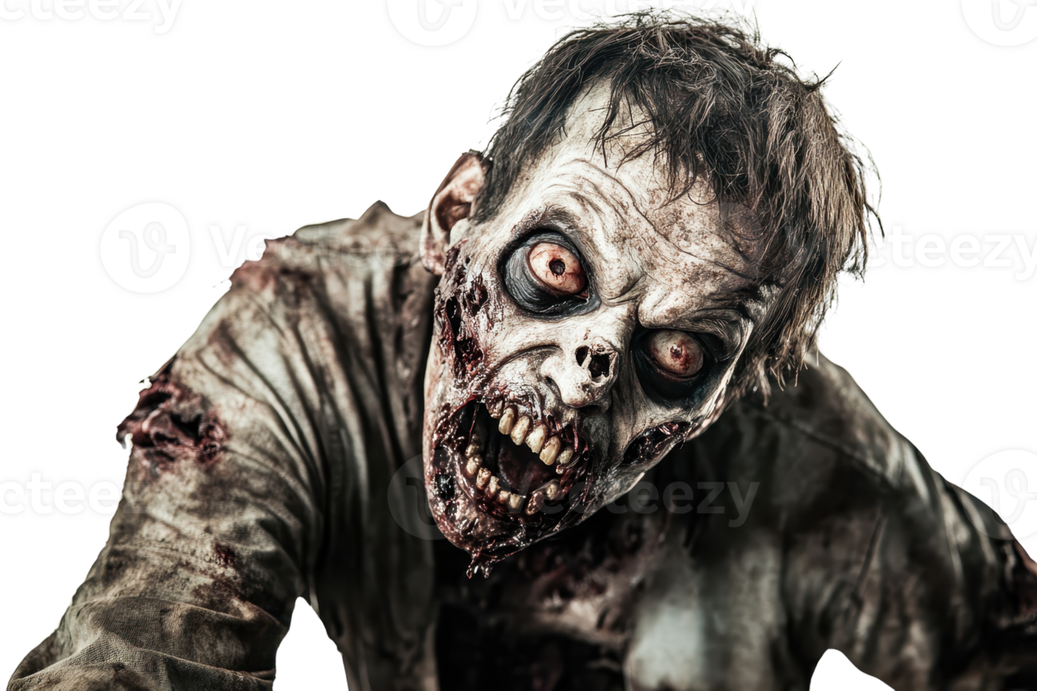Terrifying zombie with decayed flesh, dark clothing, and menacing expression. Perfect for horror themes, Halloween, and scary concepts. png