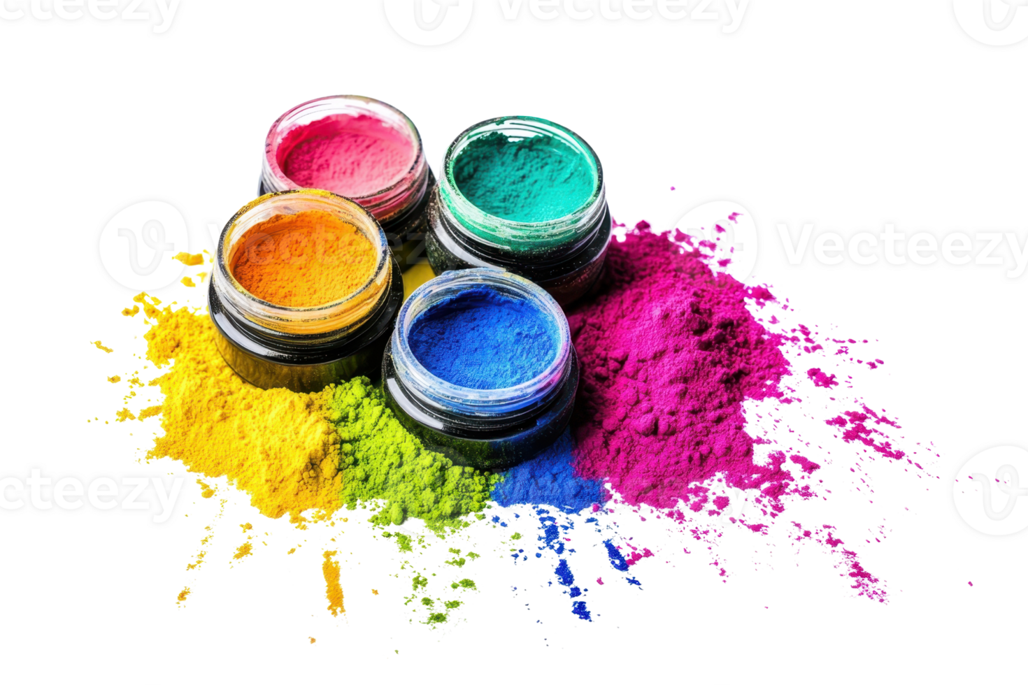 Colorful powdered pigments in jars and spilled on surface, vibrant hues for art and design, isolated on transparent background. png