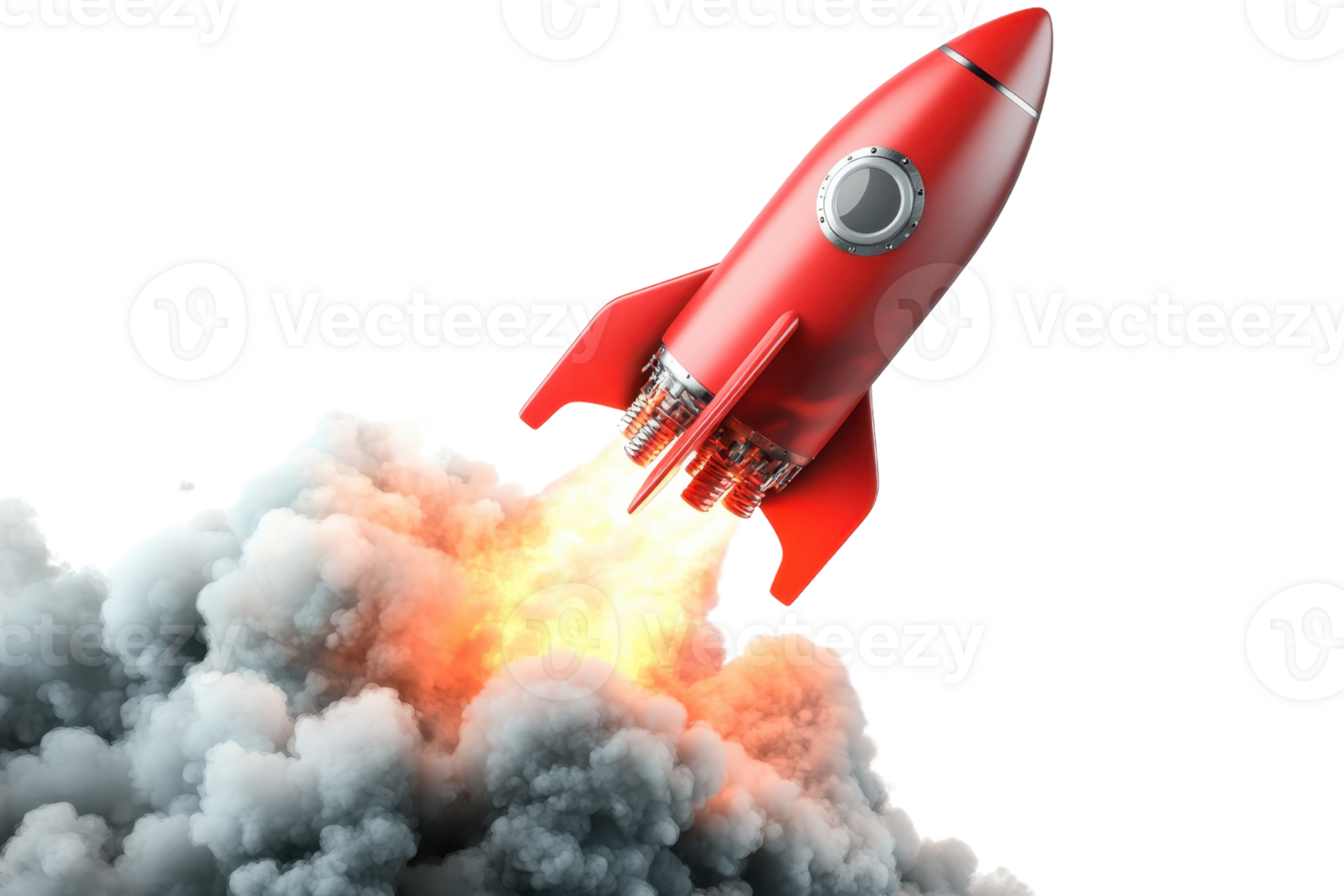 Red rocket launching with smoke and fire, representing innovation, technology, and exploration. Perfect for space and science themes. png