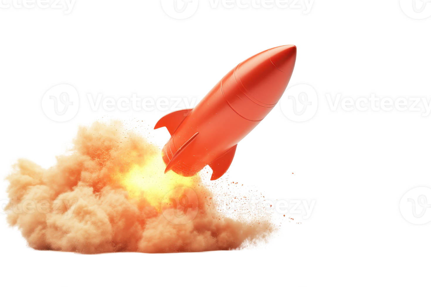 Red rocket launching with a cloud of smoke, symbolizing innovation, ambition, and success. Perfect for technology and startup concepts. png