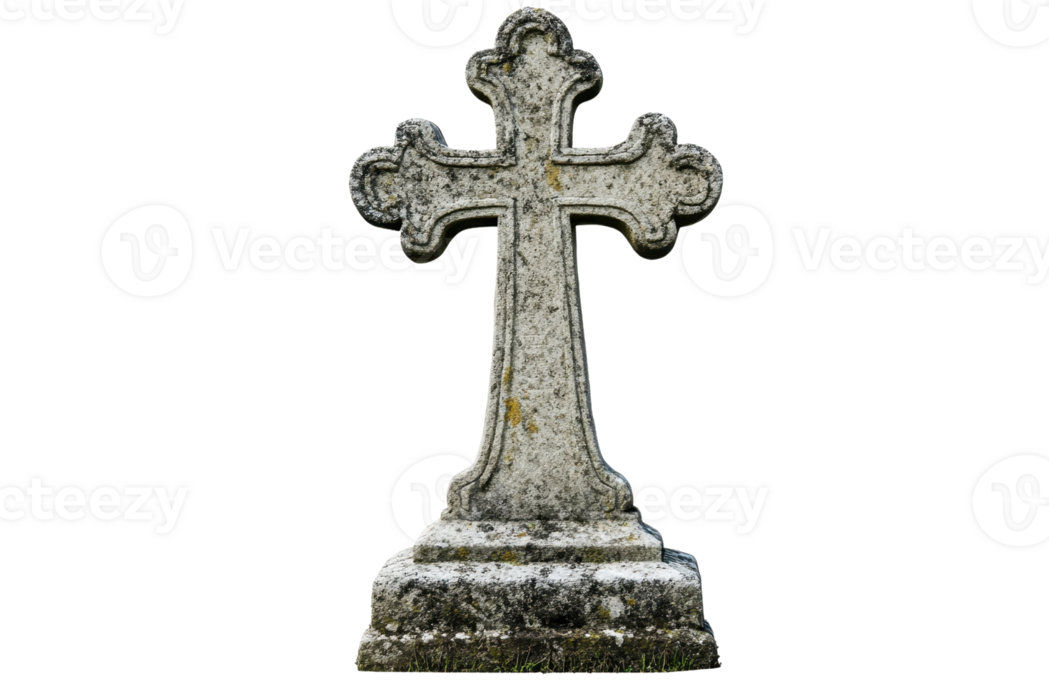 Stone cross tombstone with weathered texture symbolizes remembrance, spirituality, and timeless reverence in a cemetery or memorial site. png