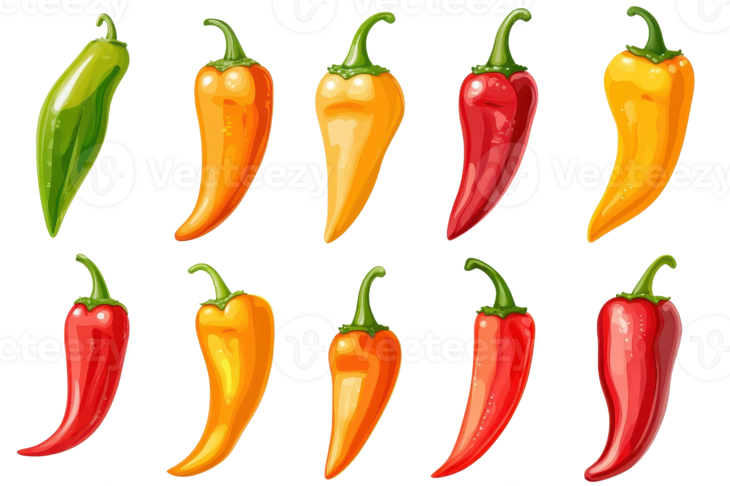 Colorful illustration of different chili and bell peppers in various shades of red, orange, green, and yellow. Perfect for culinary and food themes. png