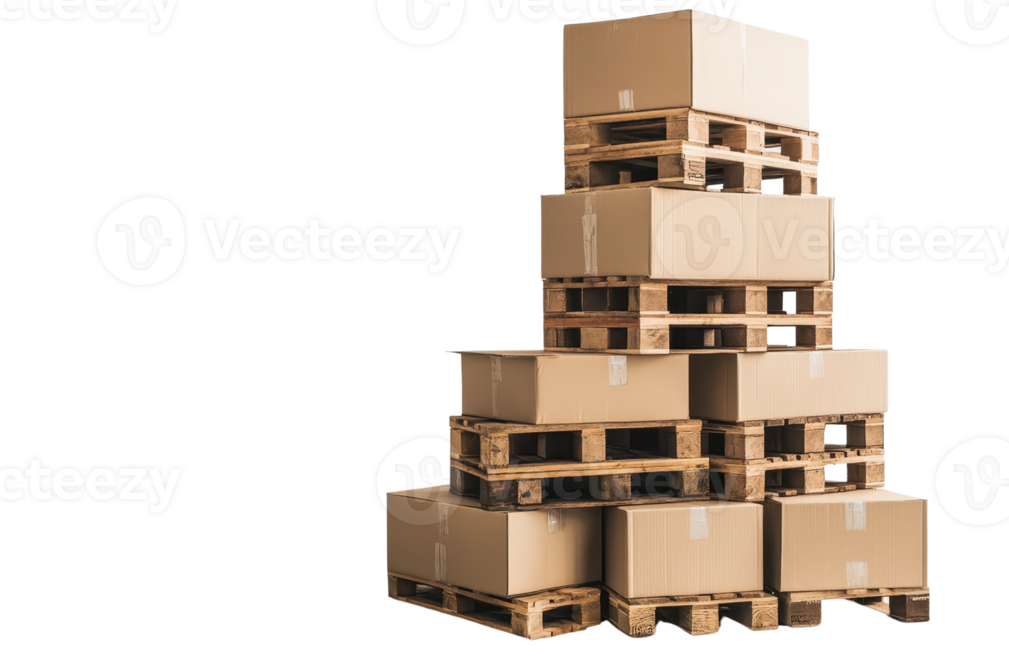 Stacked cardboard boxes on wooden pallets, isolated on transparent background. representing packaging, shipping, and logistics services. png