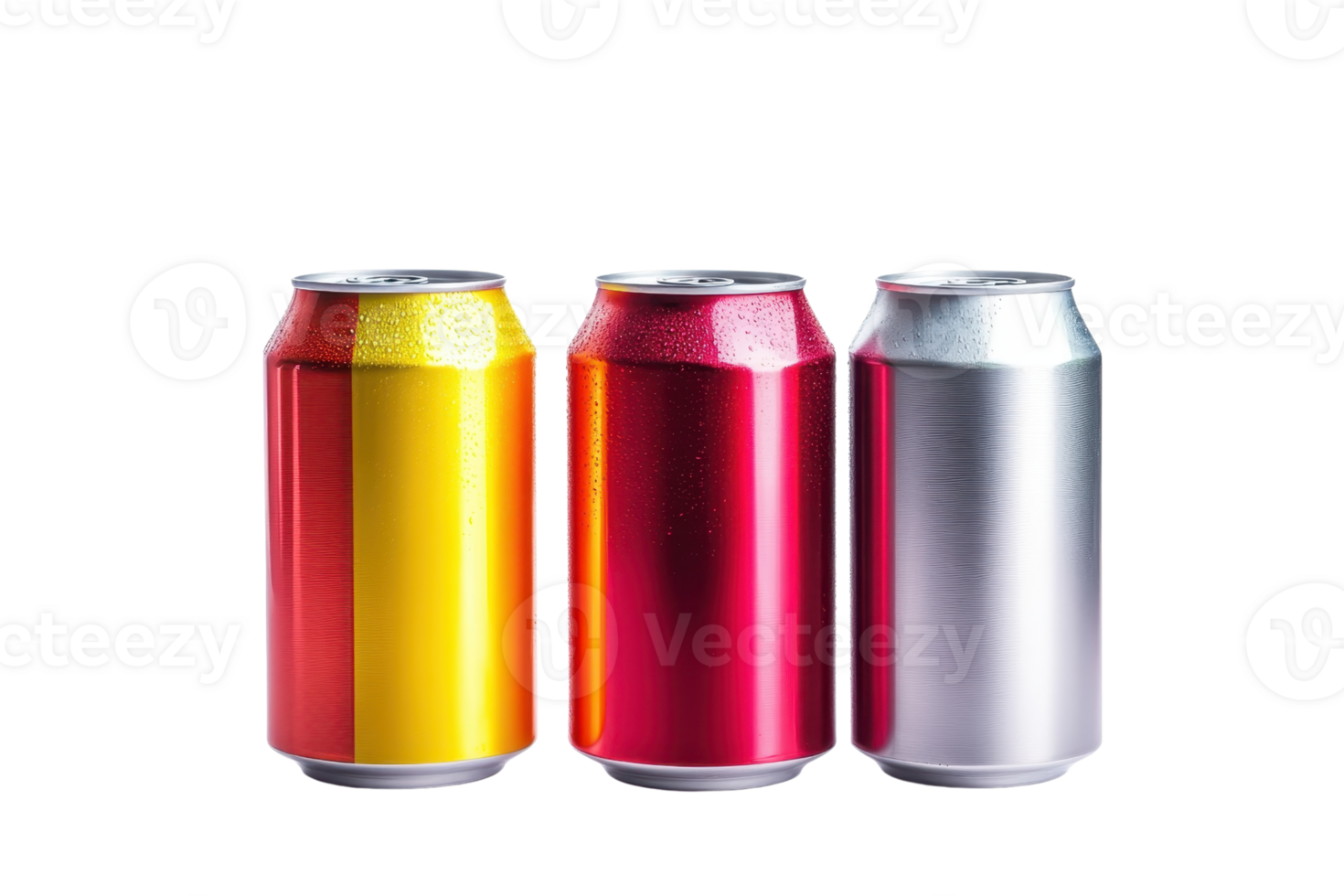 Three colorful aluminum cans in yellow, red, and silver arranged in a row isolated on transparent background. Beverage container, drink packaging. png